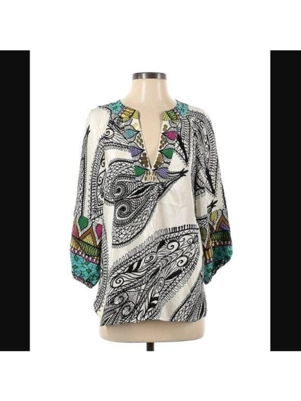 Tibi Top Women Size 0 V Neck 100% Silk Abstract Silk Printed Shirt White Multi